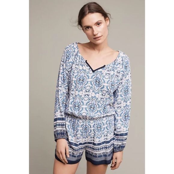 ANTHROPOLOGIE Elevenses Basia Blue Printed Long Sleeve Romper Size Small - Picture 1 of 10